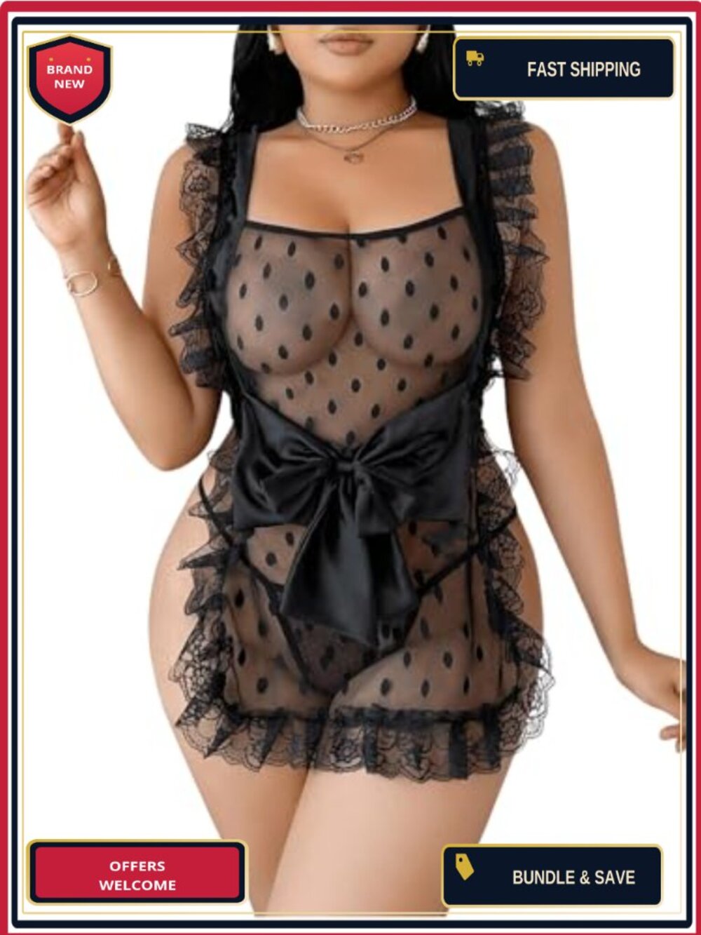 Plus Size 2 Piece Sheer Mesh Polka Dots Lingerie Set with Lace and Bowknot